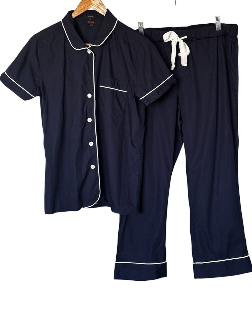 J.Crew Navy Cotton Pajama Set - Short Sleeve Top & Full Length Pants - Size S - Picture 3 of 12